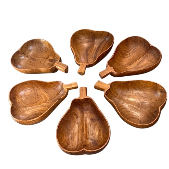 Set of 6 Vintage Handcrafted Pear Shape Teak Wood Carved Salad Bowls, - Picture 2 of 6